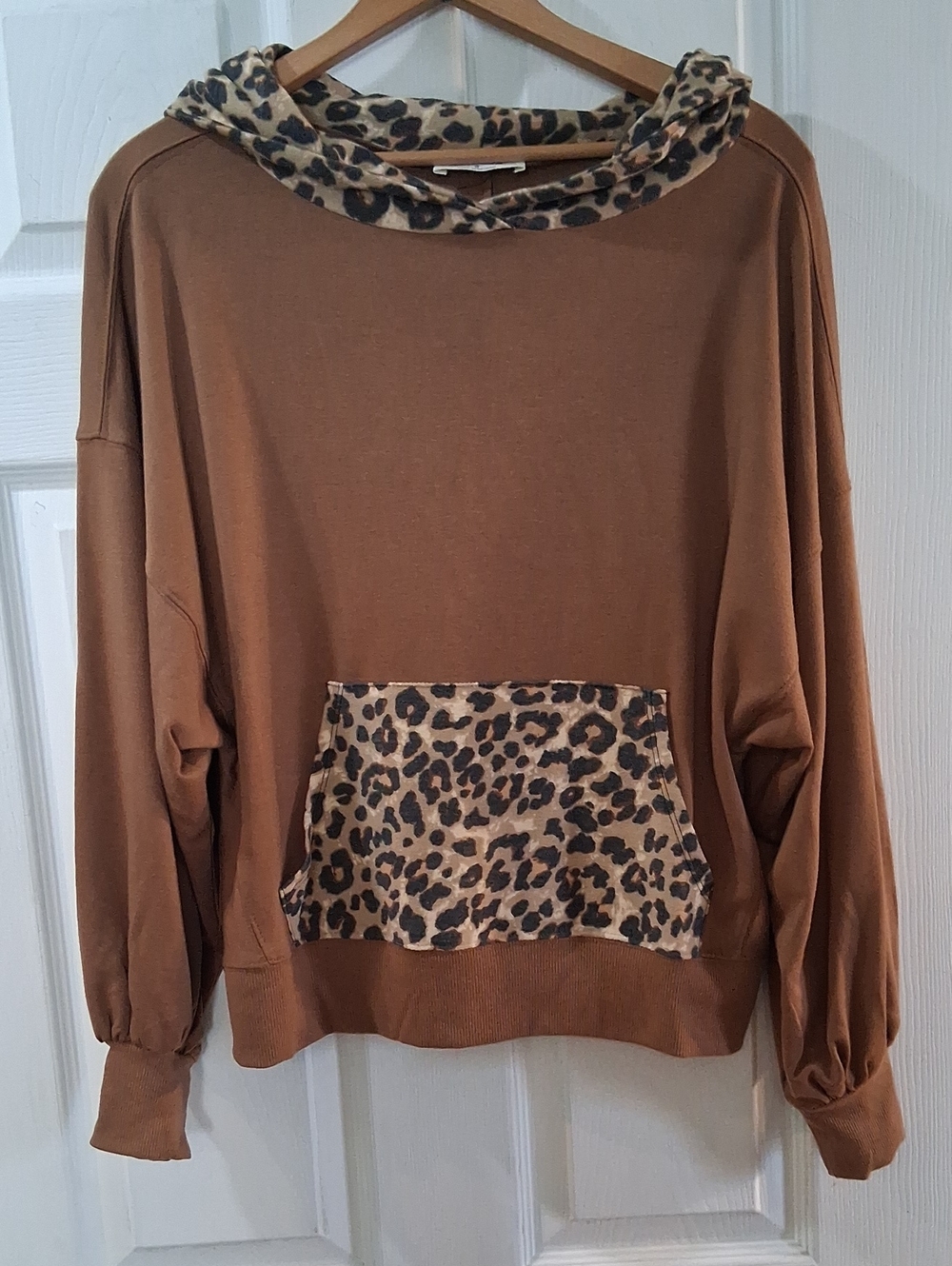 Zenana Outfitters Caramel Hoodie with Leopard Accent